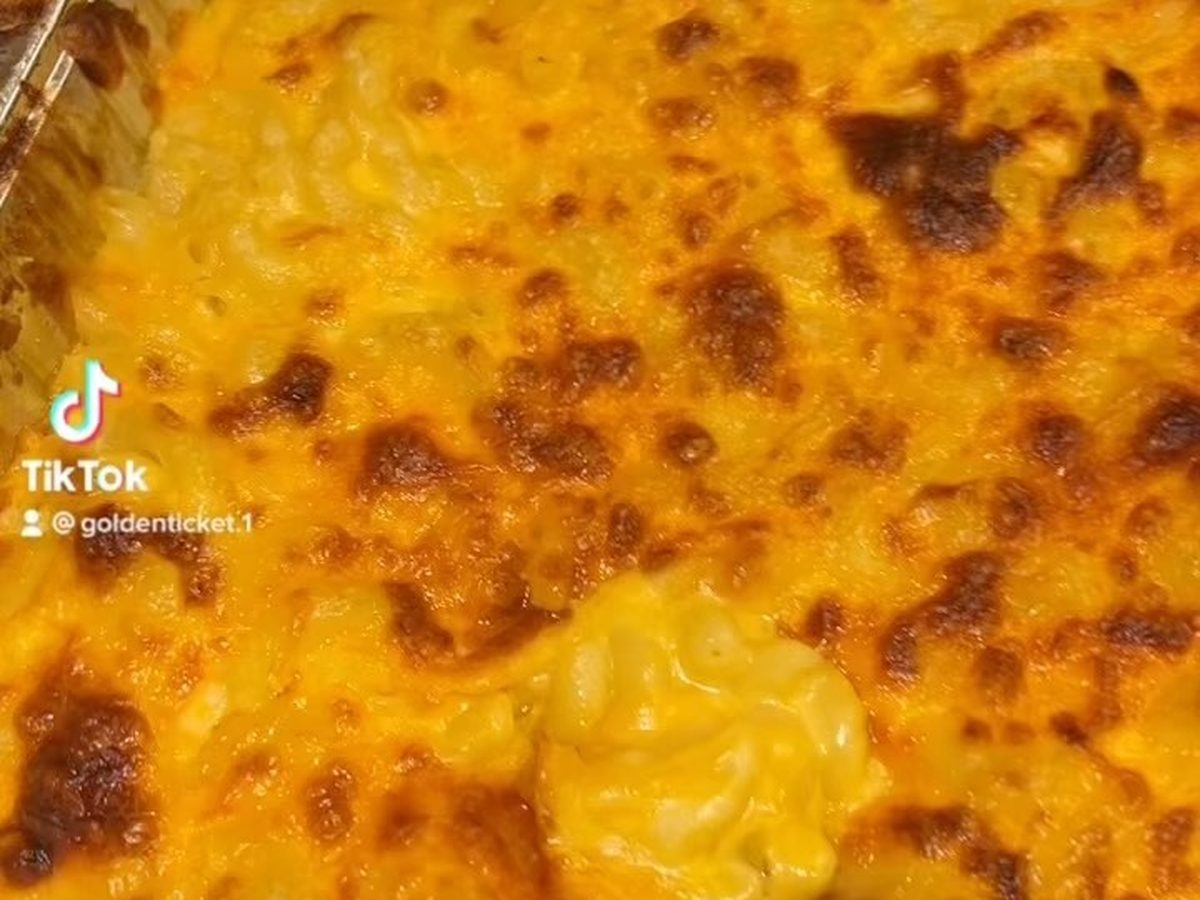 Close-up of baked macaroni and cheese with a deep golden crust